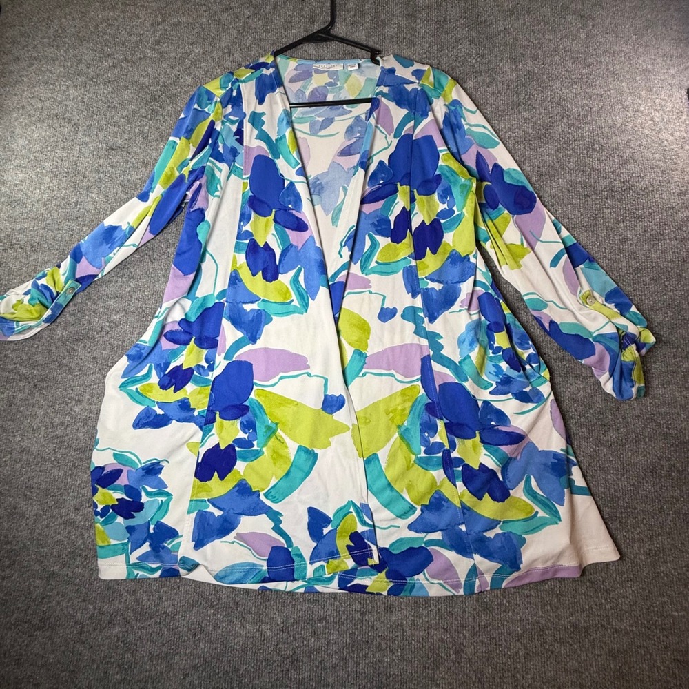 Passport Susan Graver Floral Watercolor Open Front Cardigan Blue Green MP Womens